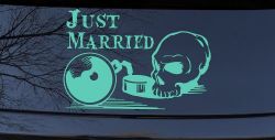 Just Married Ball and Chain Skull Car or Truck Window Decal Sticker (Mint)