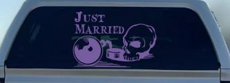 Just Married Ball and Chain Skull Car or Truck Window Decal Sticker (Purple)