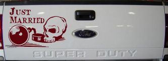 Just Married Ball and Chain Skull Car or Truck Window Decal Sticker (Purple Red)