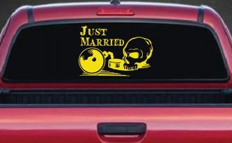 Just Married Ball and Chain Skull Car or Truck Window Decal Sticker (Yellow)