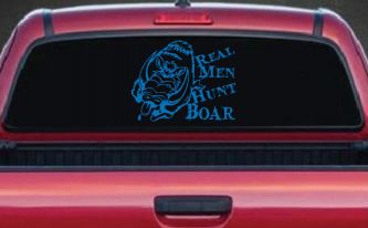 Real Men Hunt Boar Decal - Truck & Car Vinyl Sticker for Hunters (Sky Blue)