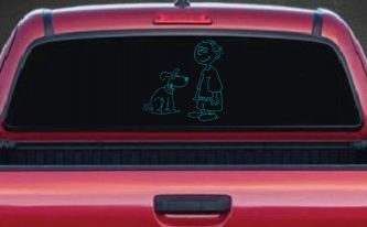 Child With Dog Stick Family Car or Truck Window Decal Sticker (Turquoise Blue)