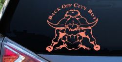 Back Off City Boy Bull Decal - Country Western Farm Truck Sticker (Coral)