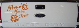 Proud Marine Sister Hibiscus Flowers Military Car or Truck Window Decal Sticker (Nut Brown)