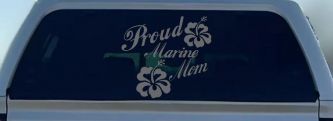 Proud Marine Mom Hibiscus Flowers Military Car or Truck Window Decal Sticker (Silver)