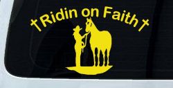 Riding Ridin on Faith Rodeo Cowgirl and Horse Western Farm or Ranch Christian Car or Truck Window Decal Sticker (Yellow)