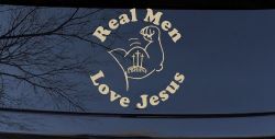 Real Men Love Jesus Christian Car or Truck Window Decal Sticker (Desert Sand)
