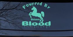 Powered By Unicorn Blood Funny Car or Truck Window Decal Sticker (Mint)