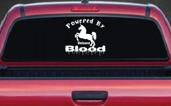 Powered By Unicorn Blood Funny Car or Truck Window Decal Sticker