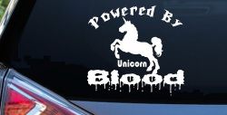 Powered By Unicorn Blood Funny Car or Truck Window Decal Sticker