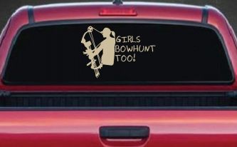 Girls Bow Hunt Too Hunting Car or Truck Window Decal Sticker (Desert Sand)