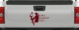 Girls Bow Hunt Too Hunting Car or Truck Window Decal Sticker (Purple Red)