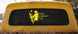 Girls Bow Hunt Too Decal: Truck Window Vinyl Sticker for Female Hunters (Yellow)