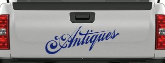 Antiques Swirl Store Window Lettering Business Car or Truck Window Decal Sticker (Navy)