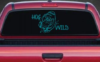 Hog Wild with Wild Boar Hog Hunting Car or Truck Window Decal Sticker (Turquoise Blue)