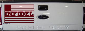 Infidel With American US Flag Military Car or Truck Window Decal Sticker (Purple Red)