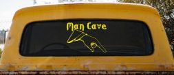 Man Cave Pointing Down Window Lettering Sign Car or Truck Window Vinyl Decal Sticker (Yellow)