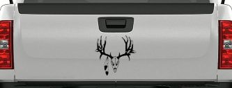 Big Buck Skull With Feathers Hunting Car or Truck Window Decal Sticker (Black)