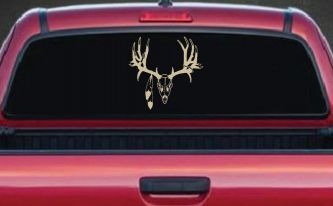 Big Buck Skull With Feathers Hunting Car or Truck Window Decal Sticker (Desert Sand)
