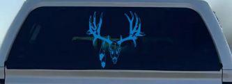 Big Buck Skull With Feathers Hunting Car or Truck Window Decal Sticker (Sky Blue)