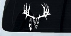 Big Buck Skull With Feathers Hunting Car or Truck Window Decal Sticker