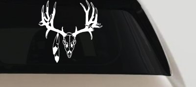Big Buck Skull With Feathers Hunting Car or Truck Window Vinyl Decal Sticker