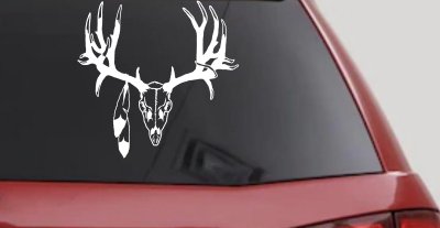 Big Buck Skull With Feathers Hunting Car or Truck Window Vinyl Decal Sticker