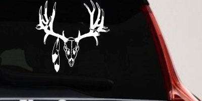 Big Buck Skull With Feathers Hunting Car or Truck Window Vinyl Decal Sticker