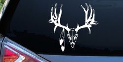 Big Buck Skull With Feathers Hunting Car or Truck Window Decal Sticker