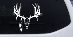Big Buck Skull With Feathers Hunting Car or Truck Window Decal Sticker