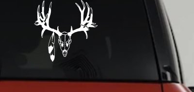 Big Buck Skull With Feathers Hunting Car or Truck Window Vinyl Decal Sticker