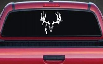 Big Buck Skull With Feathers Hunting Car or Truck Window Decal Sticker