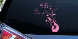 Alien Surfing Funny Car or Truck Window Decal Sticker (Pink)