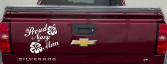 Proud Navy Mom Hibiscus Flowers Military Car or Truck Window Decal Sticker (White)