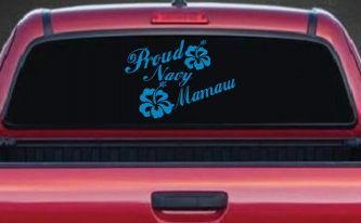 Proud Navy Mamaw Hibiscus Flowers Military Car or Truck Window Decal Sticker (Blue)