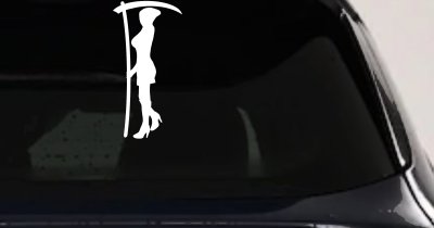 Woman Girl Grim Reaper Car or Truck Window Vinyl Decal Sticker (White)