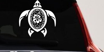 Sea Turtle Swirl Hearts Hibiscus Flower Animals Car or Truck Window Vinyl Decal Sticker (White)
