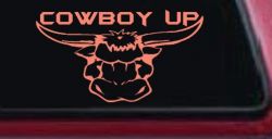 Cowboy Up Bull Head Western Car or Truck Window Decal Sticker (Coral)