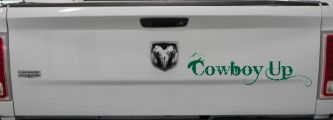 Cowboy Up With Hat Western Rodeo Farm Ranch Car or Truck Window Vinyl Decal Sticker (Dark Green)