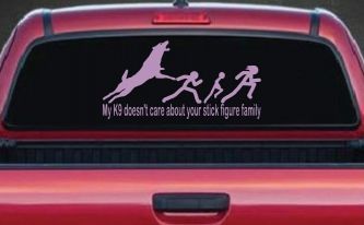 My K9 Dog Doesn't Care About Your Stick Figure Family Funny Car or Truck Window Vinyl Decal Sticker (Lilac)