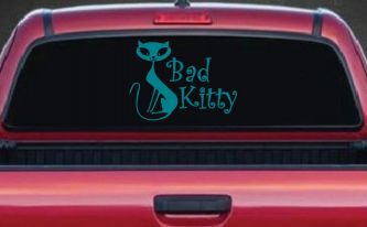 Slim Cat Bad Kitty Car or Truck Window Vinyl Decal Sticker (Turquoise Blue)