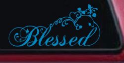 Blessed With Swirls Hearts Christian Car or Truck Window Decal Sticker (Blue)