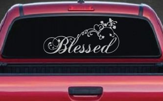 Blessed With Swirls Hearts Christian Car or Truck Window Decal Sticker (Light Gray)