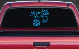 Proud Air Force Aunt Hibiscus Flowers Military Car or Truck Window Decal Sticker (Blue)