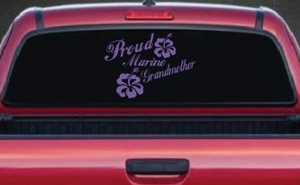 Proud Marine Grandmother Hibiscus Flowers Military Car or Truck Window Decal Sticker (Purple)