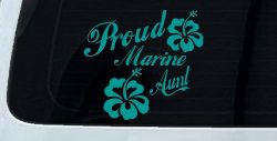 Proud Marine Aunt Hibiscus Flowers Military Car or Truck Window Decal Sticker (Turquoise)