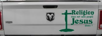 Religion Does Not Save People Jesus Does Christian Car or Truck Window Decal Sticker (Dark Green)