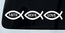 Christian Fish Faith Hope Love Car or Truck Window Decal Sticker (White)