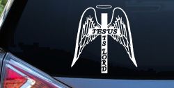 Jesus Is Lord Angel Wings Cross Halo Christian Car or Truck Window Decal Sticker