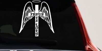 Jesus Is Lord Angel Wings Cross Halo Christian Car or Truck Window Vinyl Decal Sticker